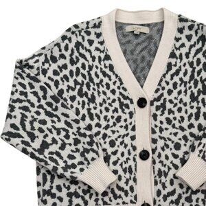 Loft Leopard Print Cardigan Sweater Size Large Gray Cream Cotton Chic Neutral